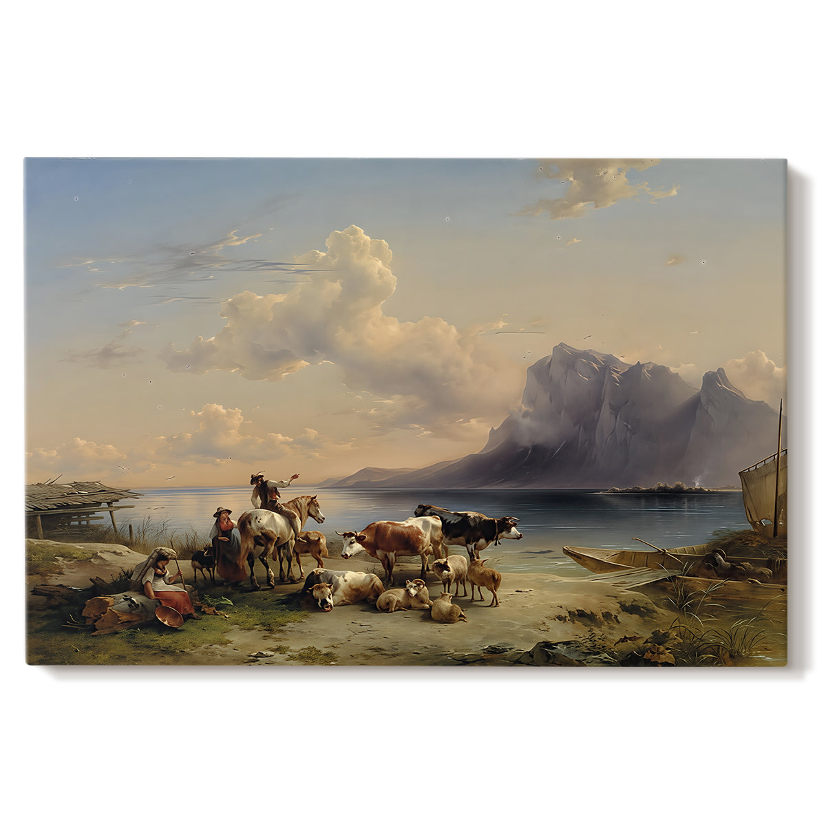 Canvas art print portraying shepherds tending cattle near lake with mountains, set against a white background