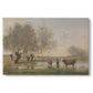 Canvas art print portraying a cows standing in wetland landscape with trees and water, set against a white background