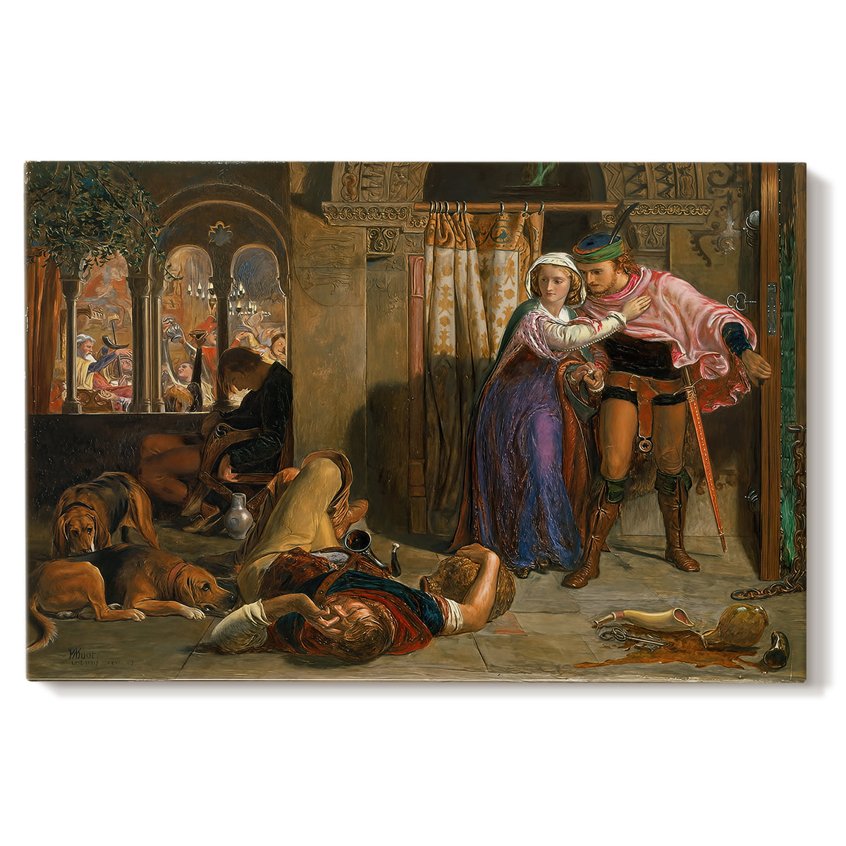 Canvas art print portraying a couple moving through dim interior space with draped fabrics and candlelight, set against a white background