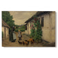 Canvas art print portraying figures gathered outside farmhouse greeting one another in village setting, set against a white background
