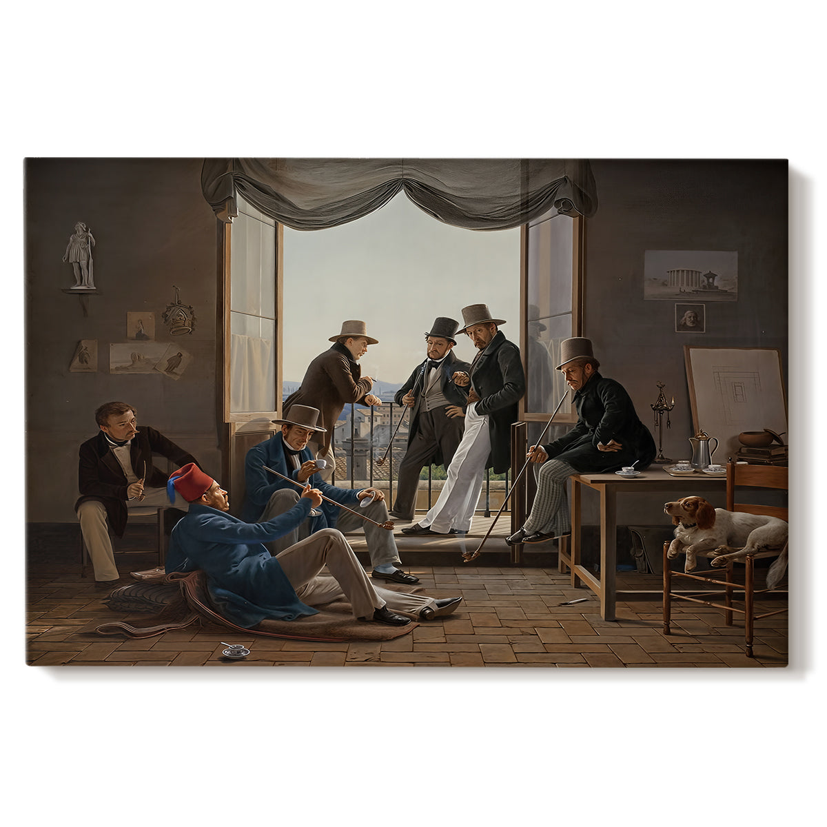 Canvas art print portraying an interior composition filled with figures in festive interaction, set against a white background