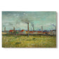 Canvas art print portraying industrial buildings with smokestacks rising above flat landscape, set against a white background