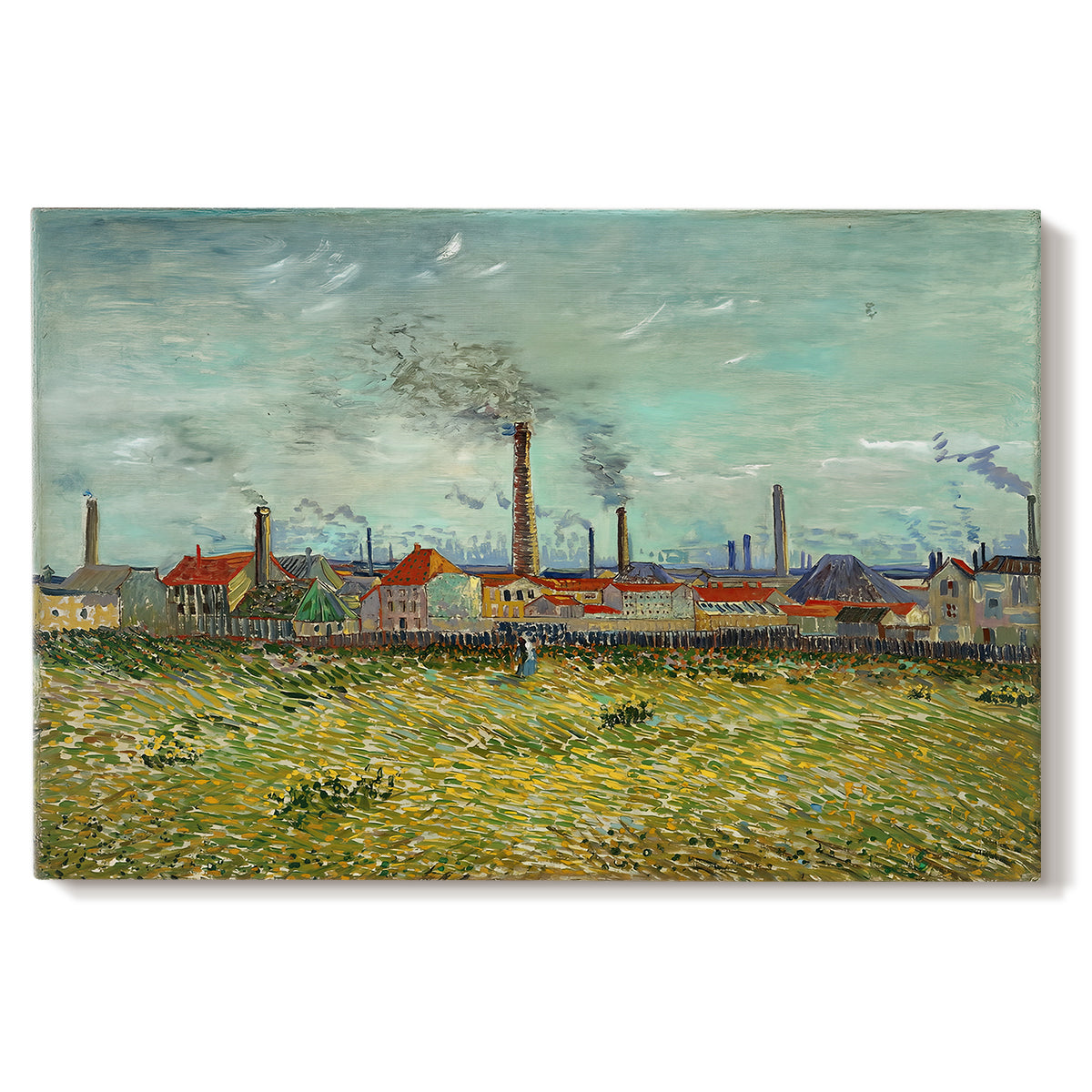 Canvas art print portraying industrial buildings with smokestacks rising above flat landscape, set against a white background