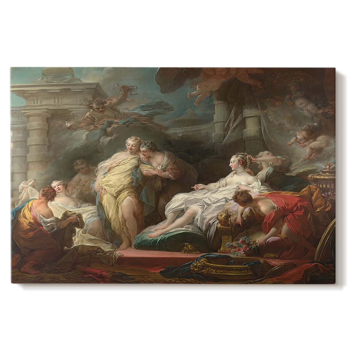Canvas art print portraying a group of women gathered indoors in ornate setting presenting gifts, set against a white background