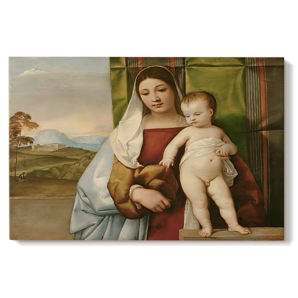Canvas art print portraying Madonna seated outdoors holding child beside dark tree and open sky, set against a white background