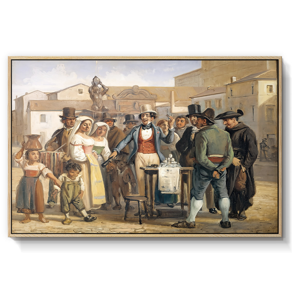A Charlatan Selling Blacking in the Piazza Barberini in Rome, c. 1840-1849 - Floater Framed Canvas Print