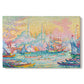 Canvas art print portraying a harbor with city skyline and boats, set against a white background
