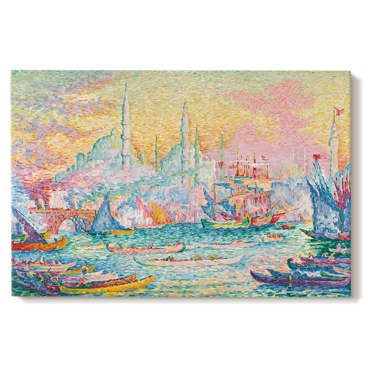 Canvas art print portraying a harbor with city skyline and boats, set against a white background
