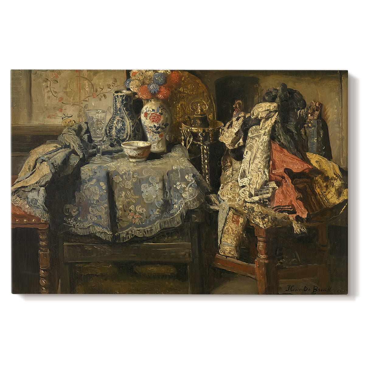 Canvas art print portraying an assortment of objects arranged on table in detailed still life composition, set against a white background
