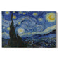 Canvas art print portraying a swirling night sky over village with bright stars, moon, and tall cypress, set against a white background
