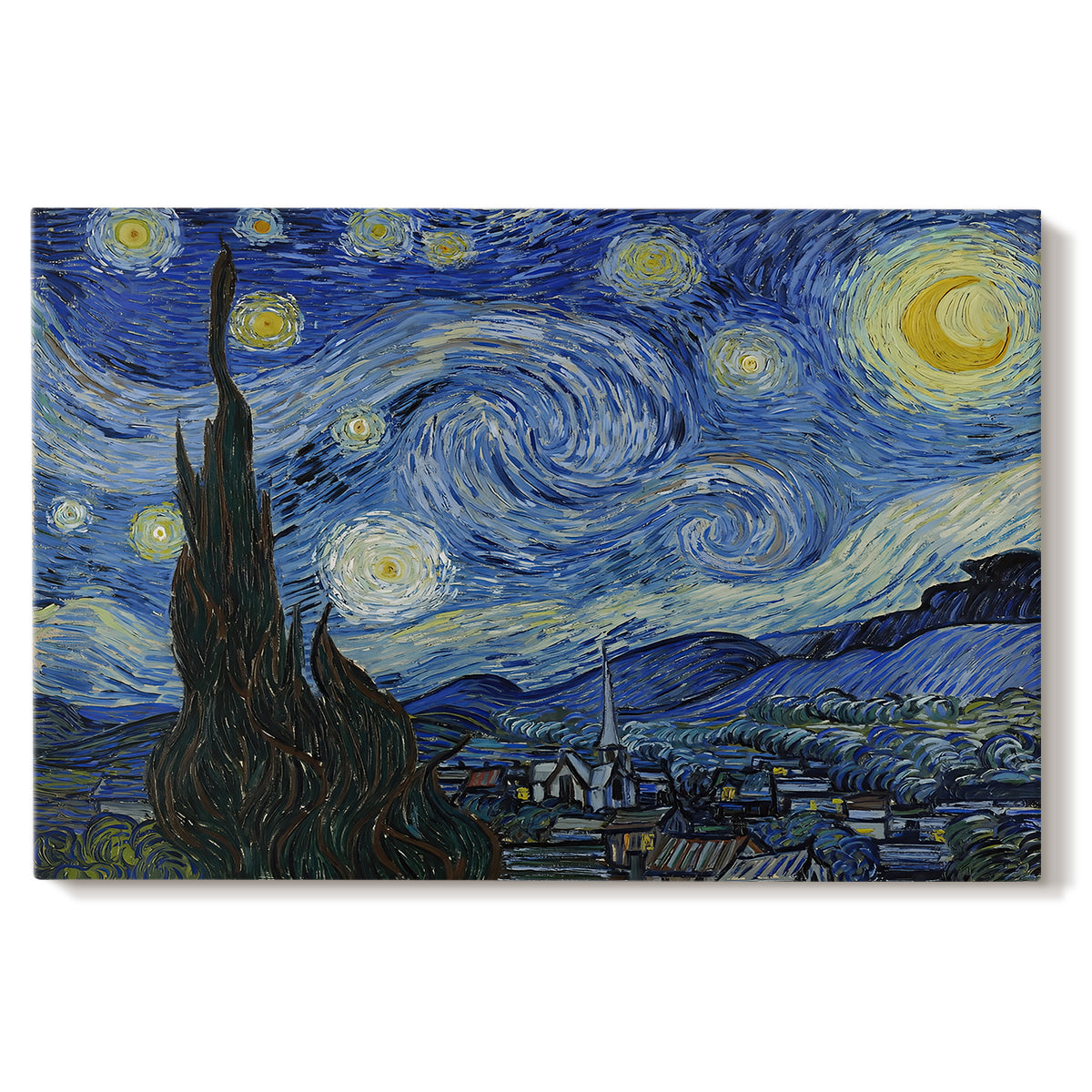 Canvas art print portraying a swirling night sky over village with bright stars, moon, and tall cypress, set against a white background