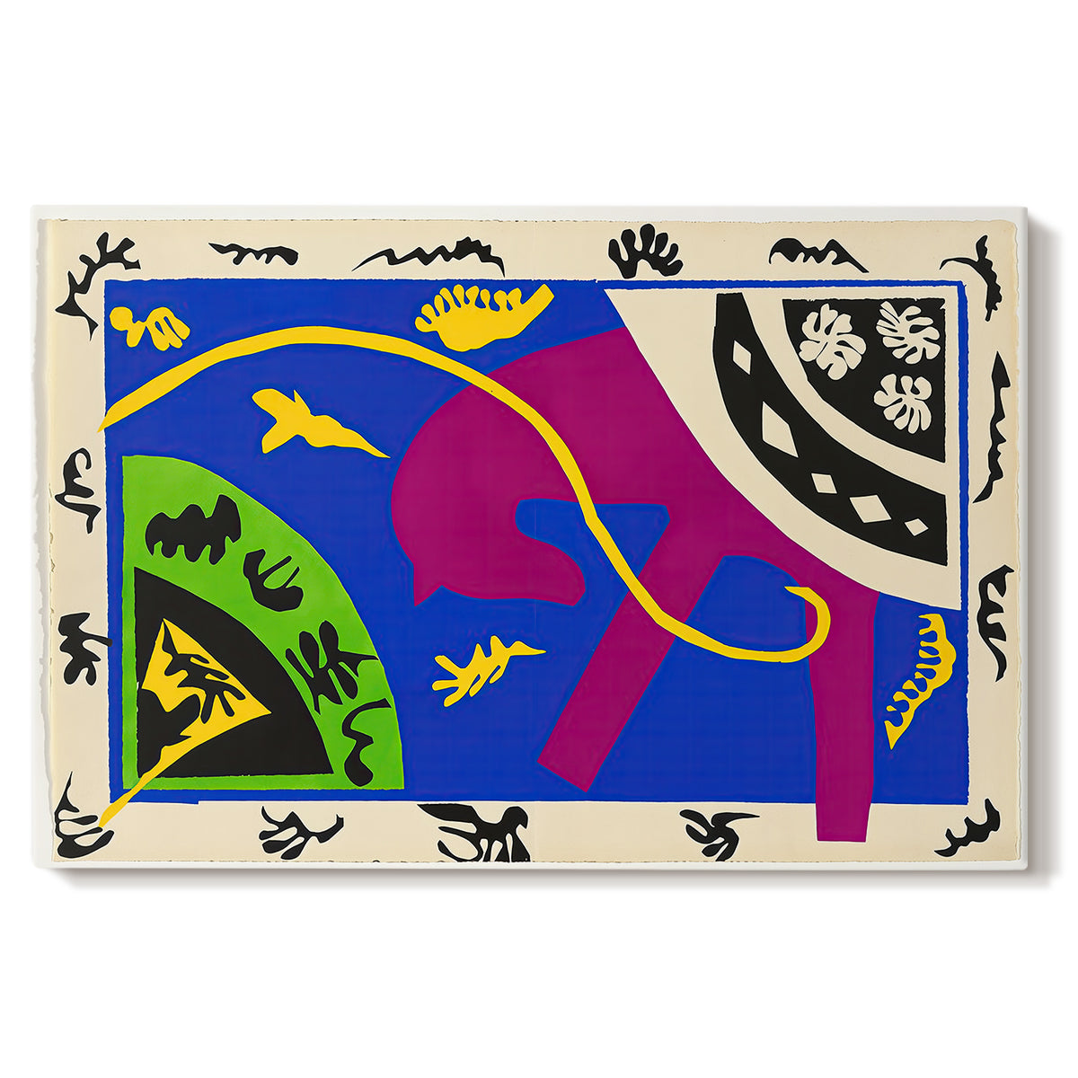 Canvas art print portraying abstract figures of a horse, rider, and clown in a bold cut-out composition, set against a white background