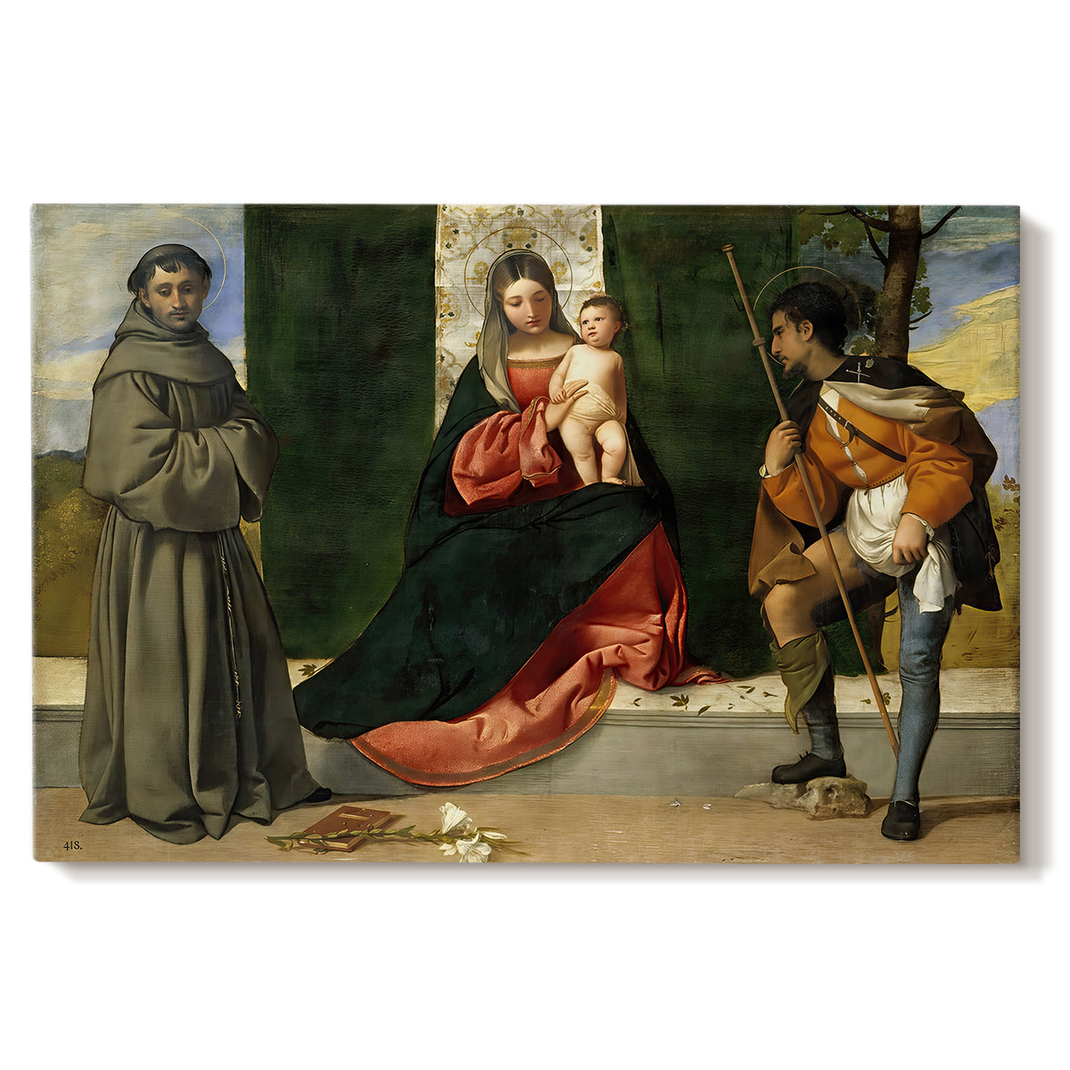 Canvas art print portraying Madonna and child seated with two saints in architectural devotional scene, set against a white background