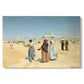 Canvas art print portraying figures traveling across desert with distant city and tombs on horizon, set against a white background
