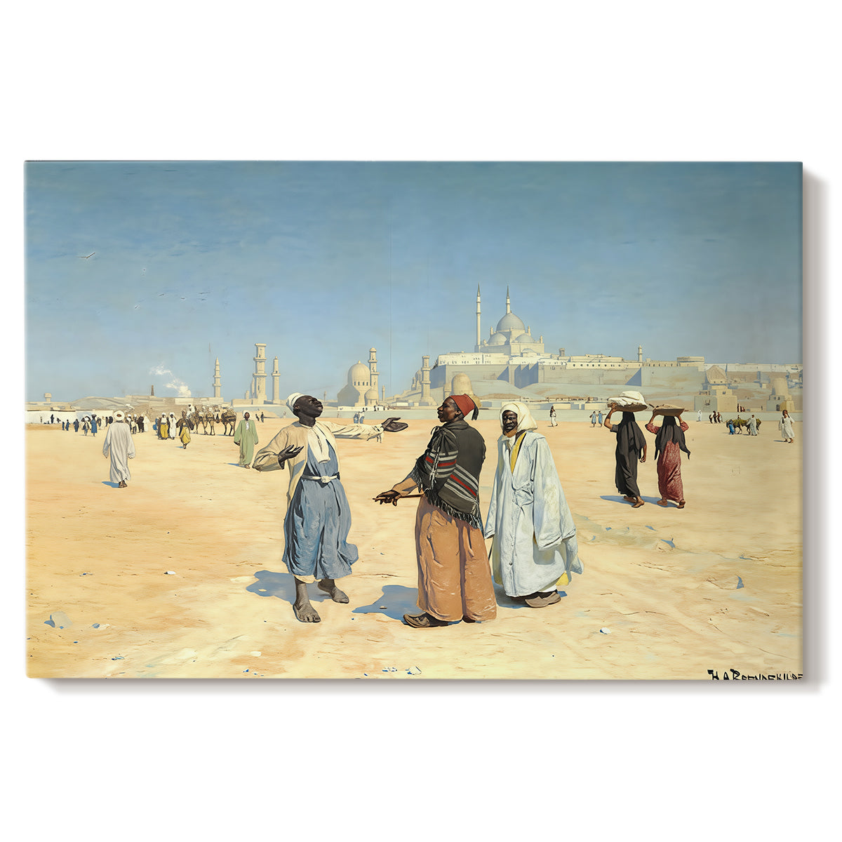 Canvas art print portraying figures traveling across desert with distant city and tombs on horizon, set against a white background