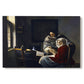 Canvas art print portraying a young woman seated at table interrupted while playing music, set against a white background