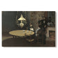 Canvas art print portraying a dimly lit interior with table setting and figure seated after meal, set against a white background