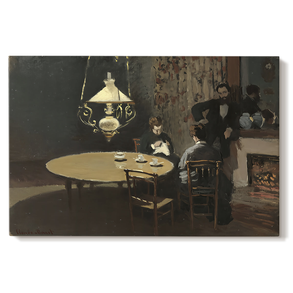 Canvas art print portraying a dimly lit interior with table setting and figure seated after meal, set against a white background