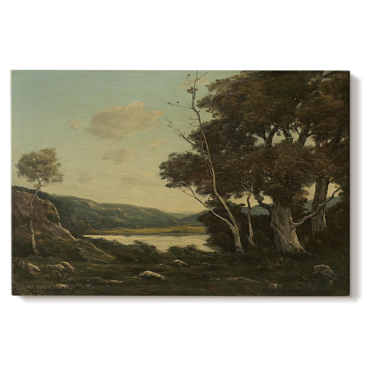 Canvas art print portraying an open countryside landscape with trees and distant horizon under soft sky, set against a white background