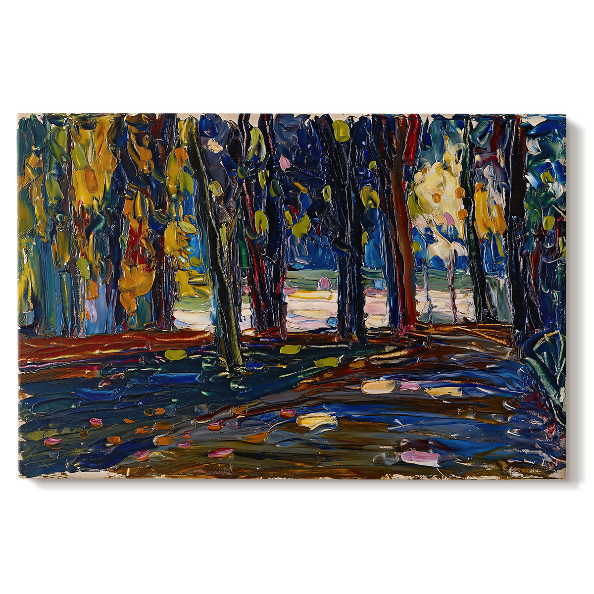 Canvas art print portraying an abstracted landscape with trees and foliage in warm autumn tones, set against a white background