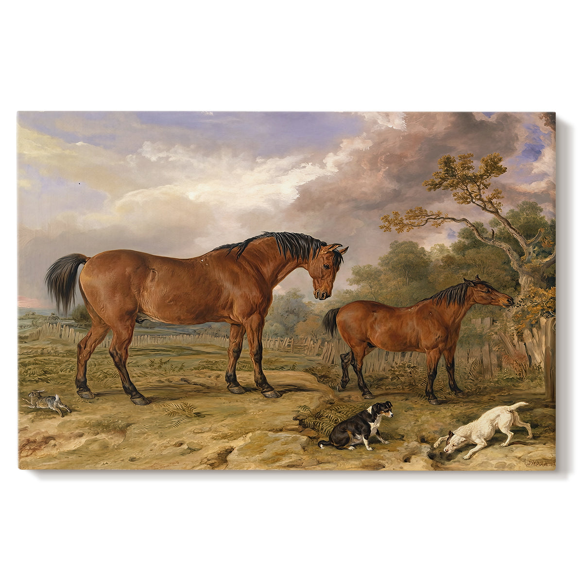 Canvas art print portraying a group of horses gathered together in landscape setting, set against a white background