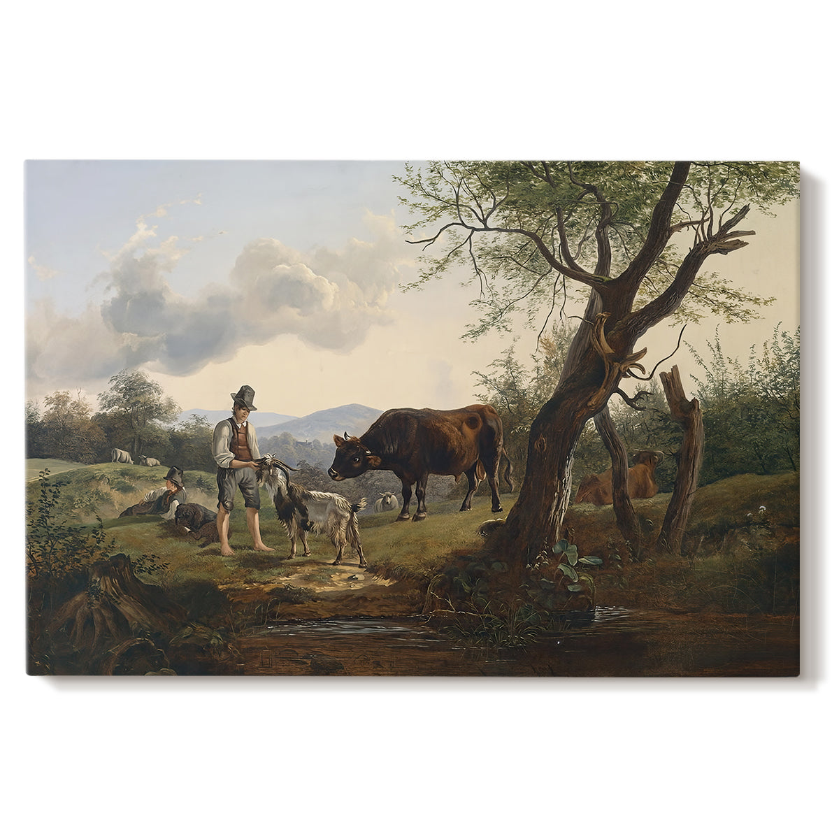 Canvas art print portraying a shepherd standing beside goat in countryside, set against a white background