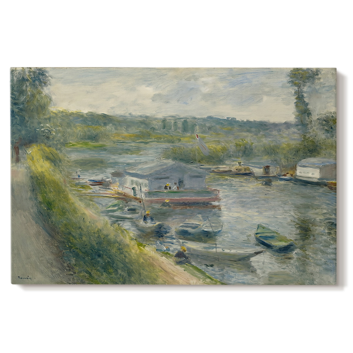 Canvas art print portraying a floating wash-house boat along a riverbank with figures working nearby, set against a white background