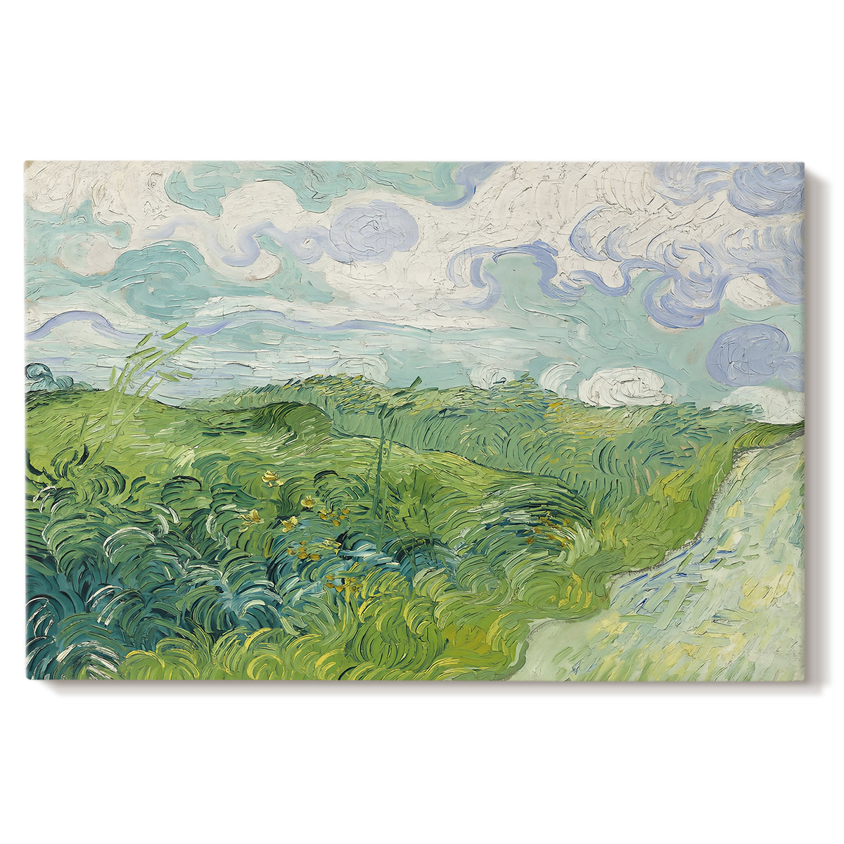 Canvas art print portraying a vivid green wheat field stretching across rolling landscape under pale sky, set against a white background