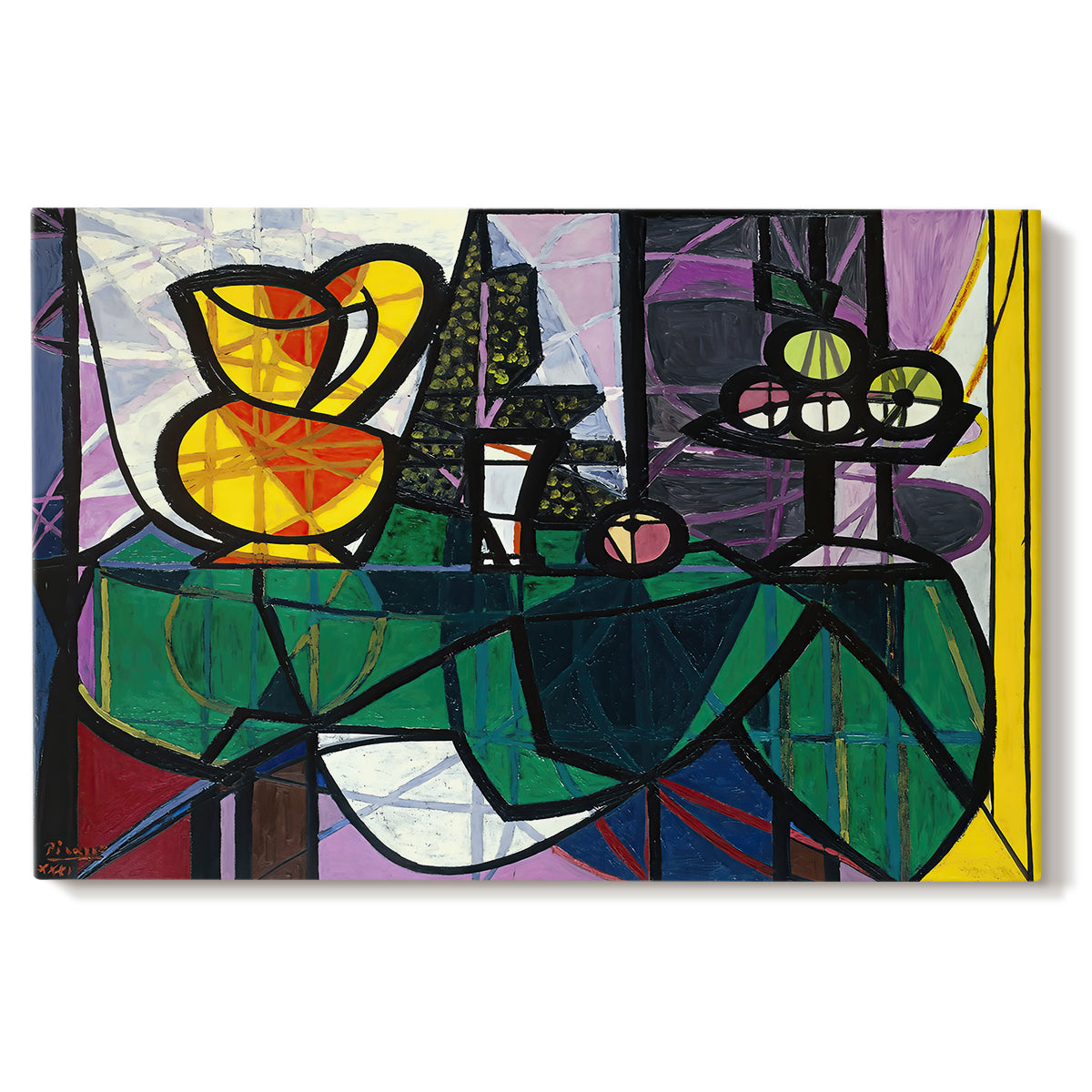 Canvas art print portraying a still life with pitcher and fruit in cubist composition, set against a white background