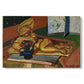 Canvas art print portraying a still life with a small sculpture and Persian vase on a table, set against a white background