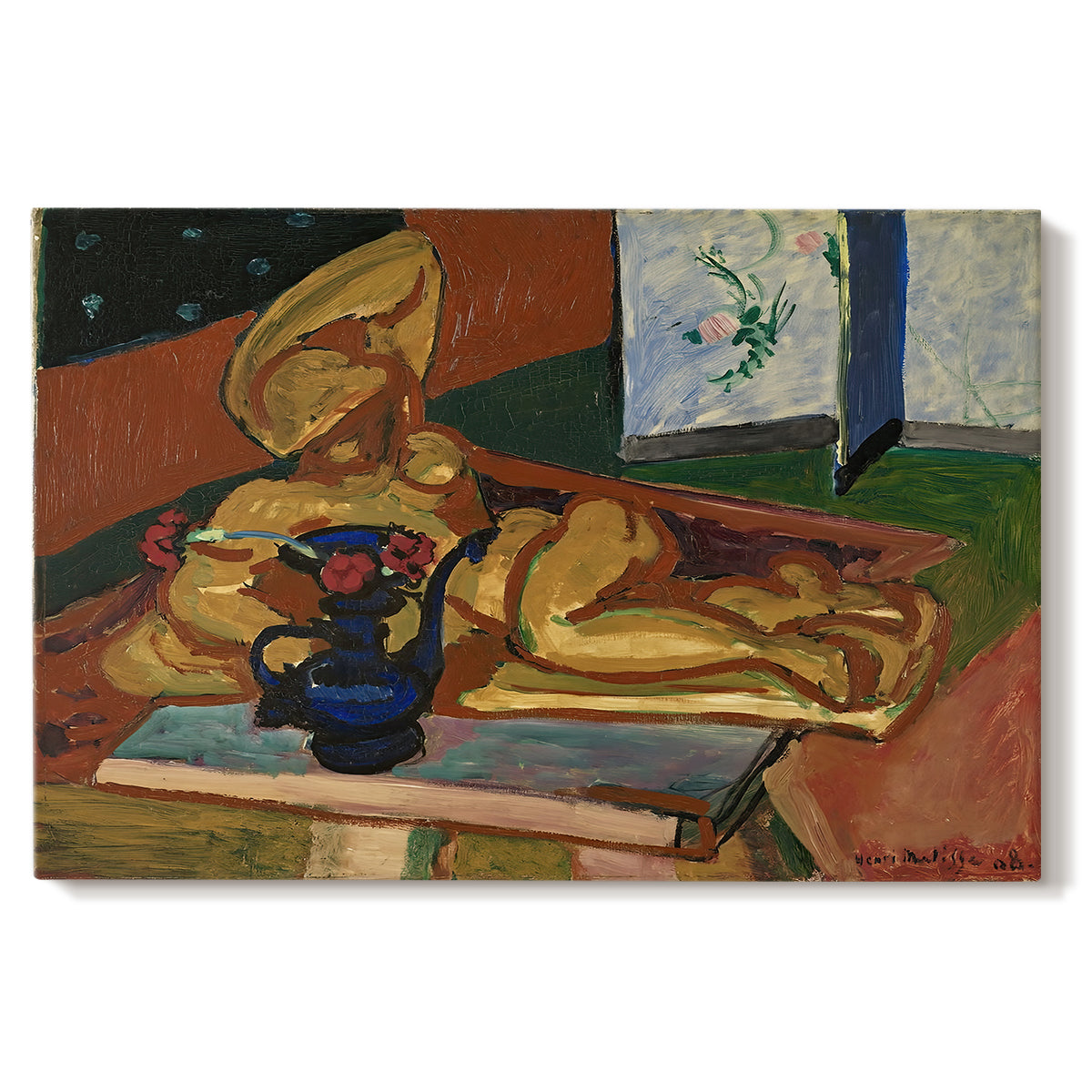 Canvas art print portraying a still life with a small sculpture and Persian vase on a table, set against a white background