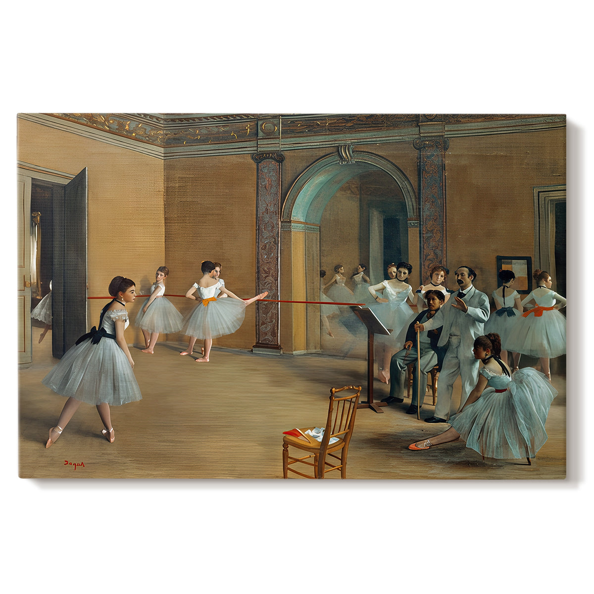 Canvas art print portraying ballet dancers gathered in rehearsal hall with mirrors and columns, set against a white background