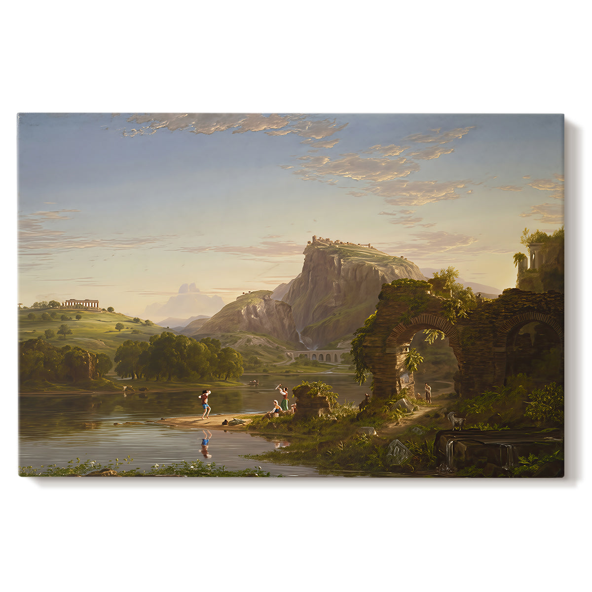 Canvas art print portraying a sunlit pastoral landscape with figures and classical architecture in open countryside, set against a white background
