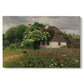 Canvas art print portraying a farmhouse surrounded by meadow filled with wildflowers and greenery, set against a white background