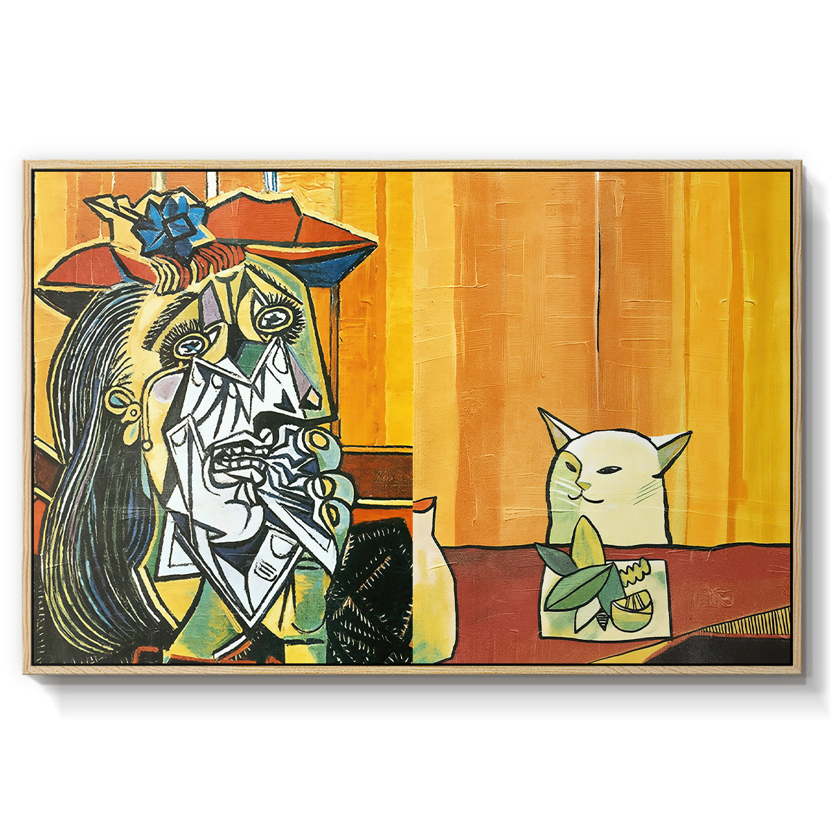 Woman Yelling at a Cat Meme (Picasso Parody) - Floater Framed Canvas Print