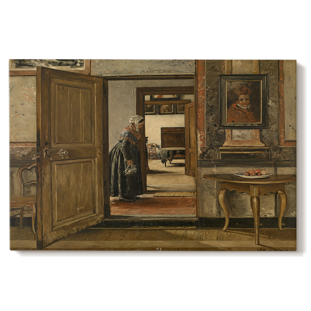 Canvas art print portraying a long interior hallway with figure standing in structured architectural space, set against a white background