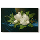 Canvas art print portraying a large magnolia flowers arranged on blue velvet, set against a white background