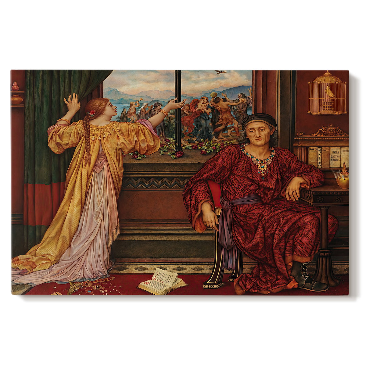 Canvas art print portraying a woman seated inside ornate interior symbolizing confinement and luxury, set against a white background
