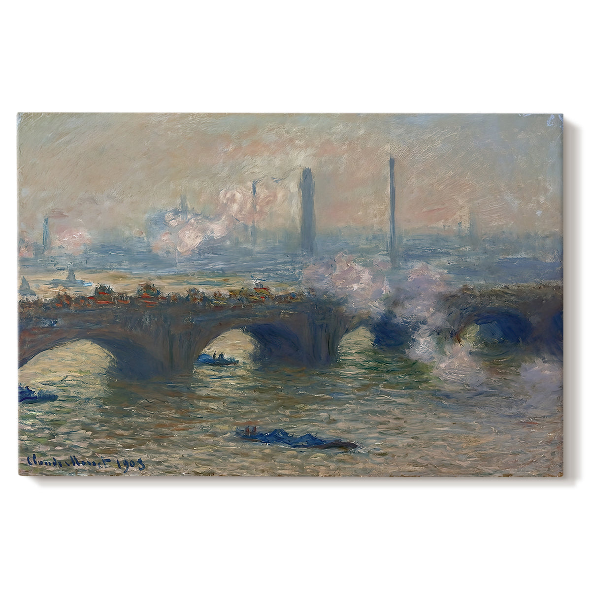 Canvas art print portraying a muted cityscape of bridge spanning river under overcast sky, set against a white background