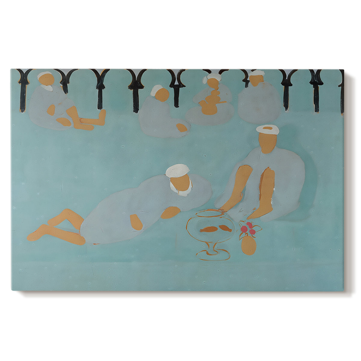 Canvas art print portraying an interior scene with seated figures in patterned, colorful environment, set against a white background