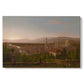 Canvas art print portraying a city of Florence viewed from elevated vantage point with surrounding hills, set against a white background