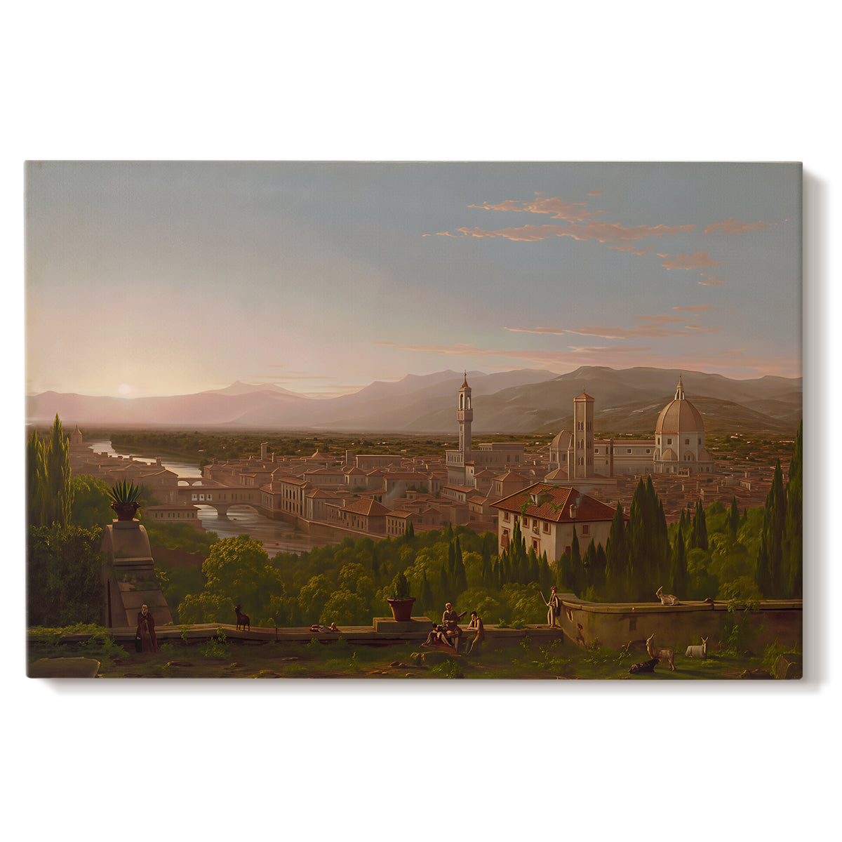 Canvas art print portraying a city of Florence viewed from elevated vantage point with surrounding hills, set against a white background