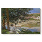 Canvas art print portraying a woman and child seated along riverbank beneath trees in soft daylight, set against a white background
