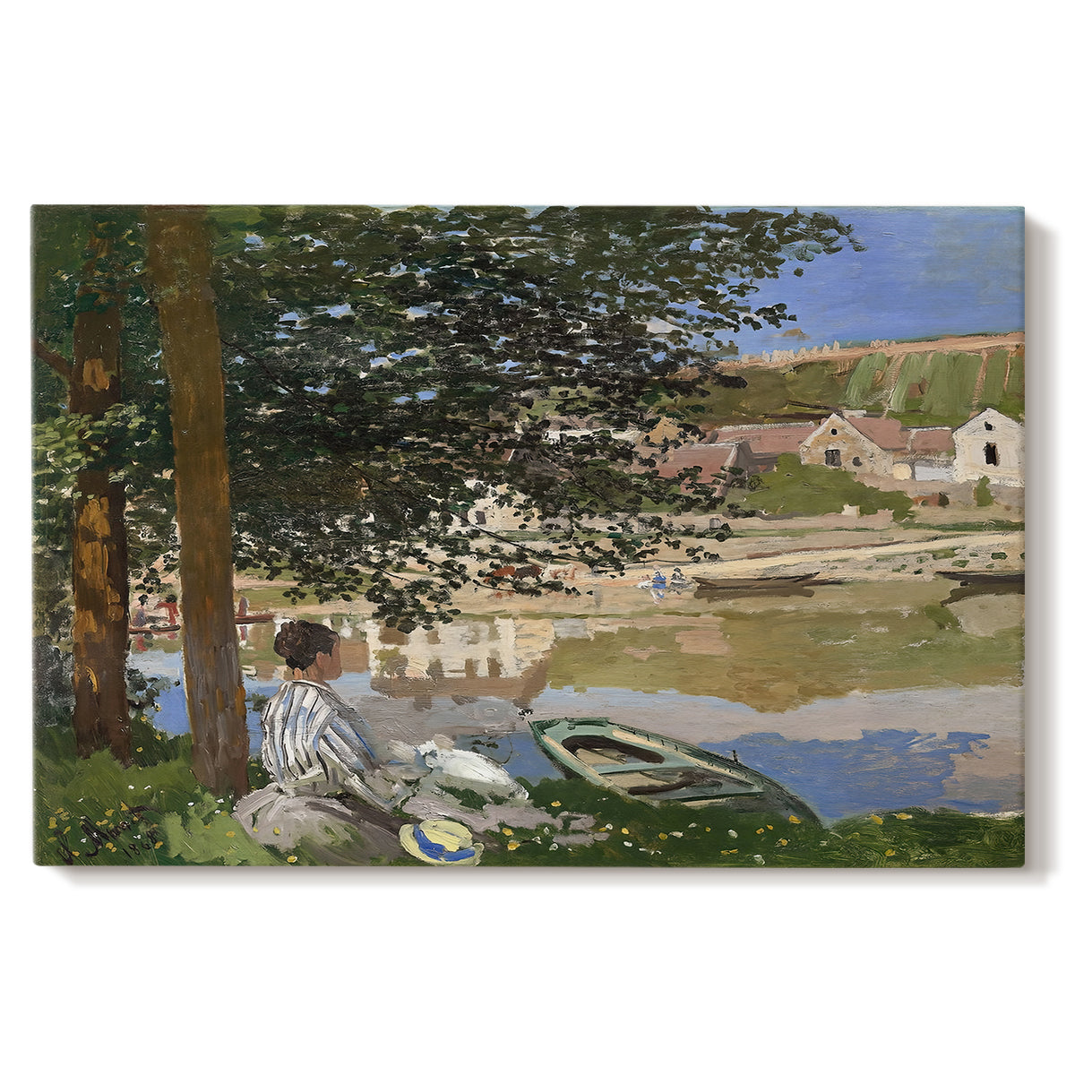Canvas art print portraying a woman and child seated along riverbank beneath trees in soft daylight, set against a white background