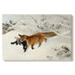 Canvas art print portraying a fox running across snowy landscape with sparse vegetation, set against a white background