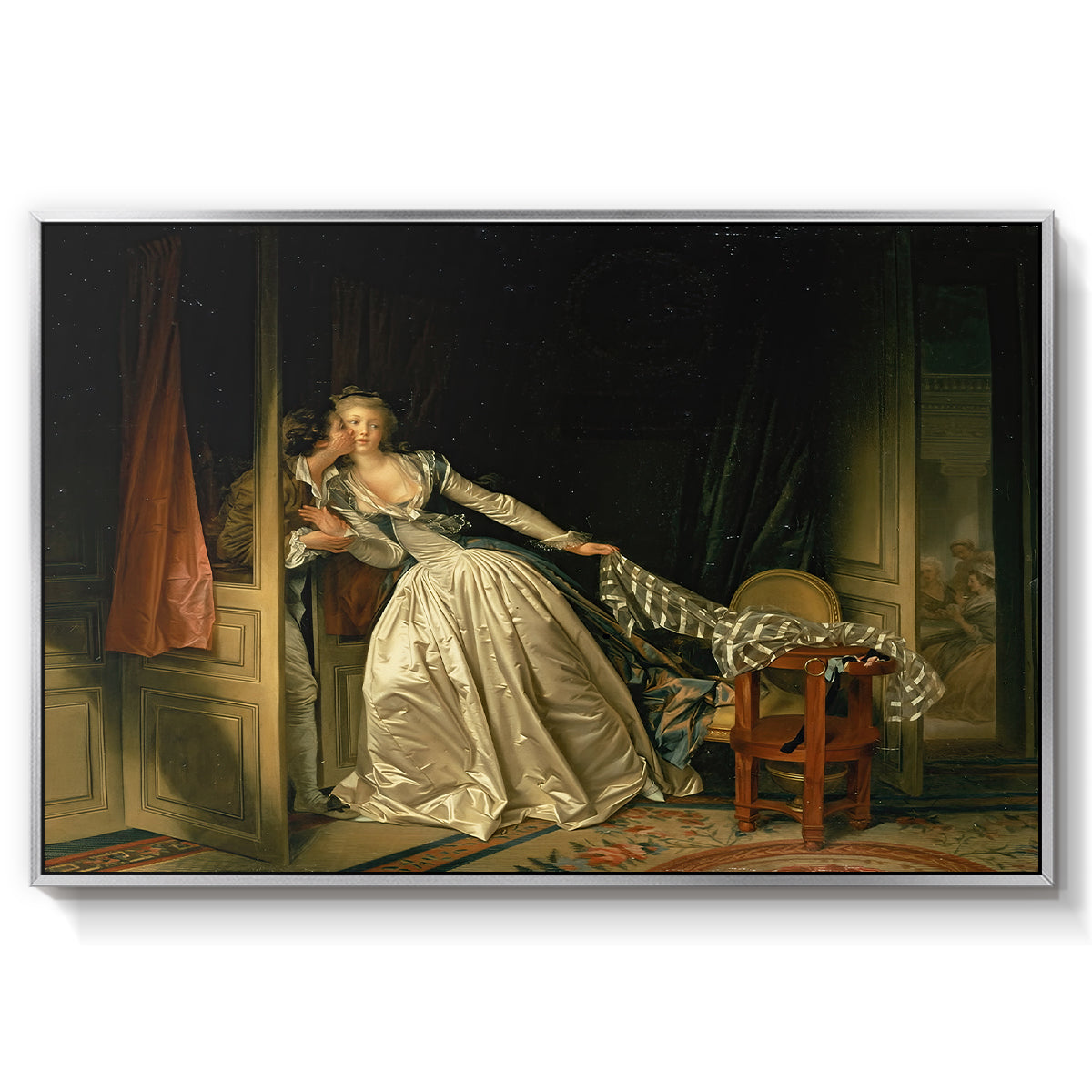 The Stolen Kiss (Le Baiser à la dérobée), c. 1788 - Floater Framed Canvas Print