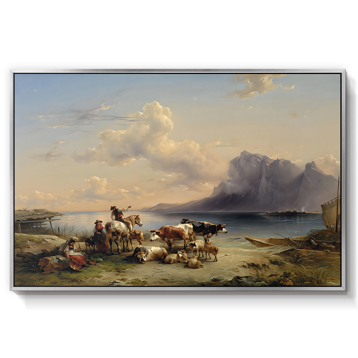 Shepherds and Cattle on Lake Attersee, 1852 - Floater Framed Canvas Print