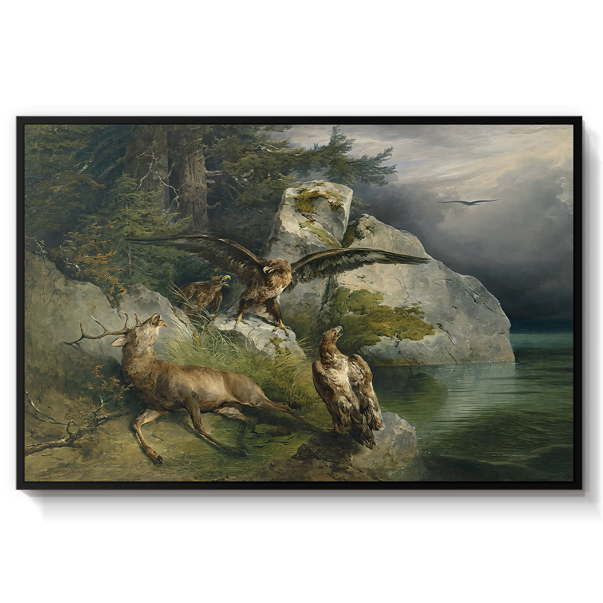 Eagles and Dying Stag on a Lakeshore, 1836 - Floater Framed Canvas Print