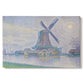 Canvas art print portraying a windmill beside water in quiet town landscape, set against a white background