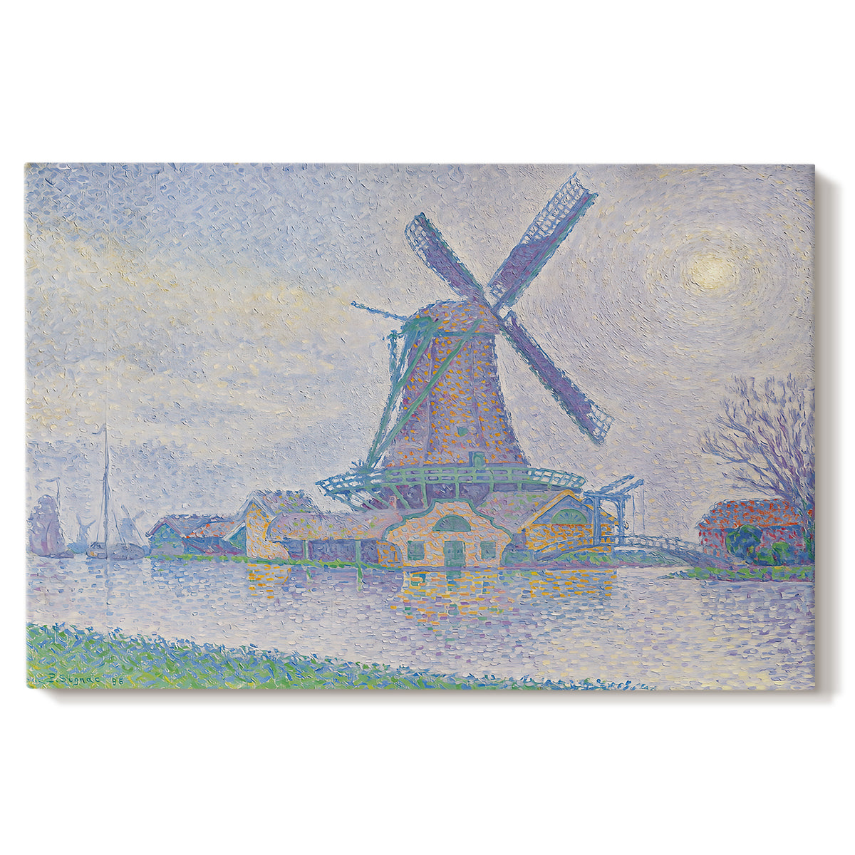 Canvas art print portraying a windmill beside water in quiet town landscape, set against a white background